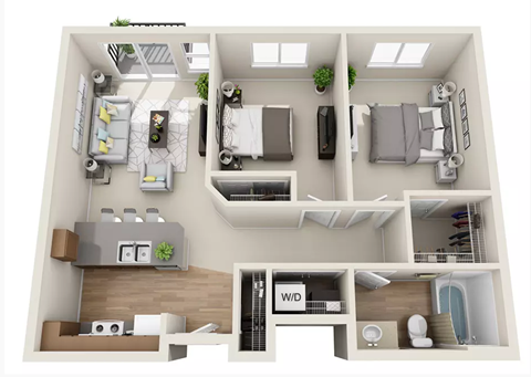 Floor plan for 2 beds, 1 bath, 849 sqft